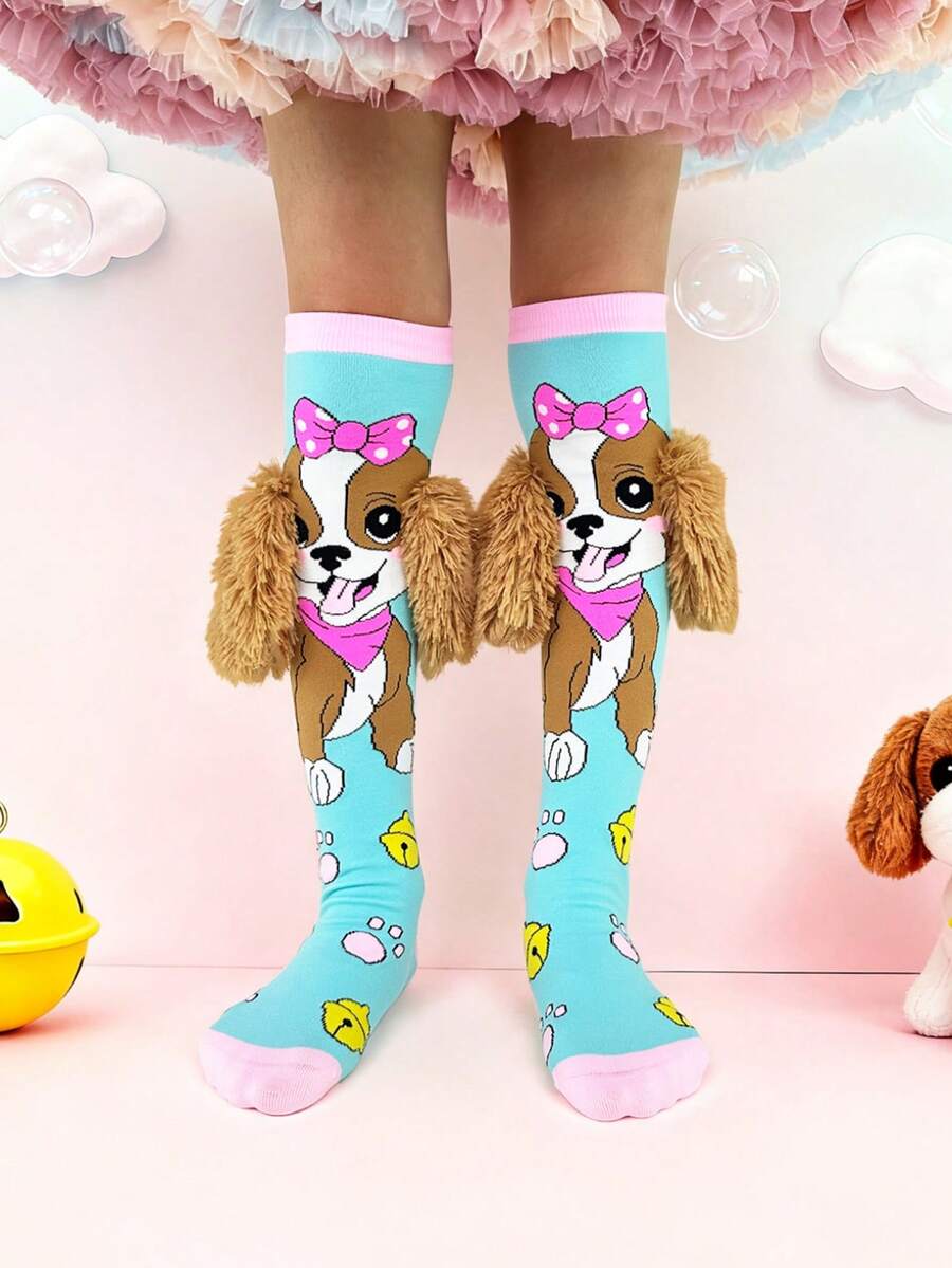 一双儿童过膝袜，可爱卡通狗狗图案，立体耳朵装饰，四季皆宜，趣味十足，适合狂欢节、派对、音乐节、母亲节、假期、返校季、婚礼、角色扮演、户外活动和日常穿着——绝佳礼物之选