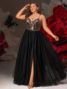 VIPGIRL Große Größen Schwarzes Pailletten-Mesh-Slip-Kleid mit transparentem Rocksaum, elegantes langes Abendkleid für kurvige Frauen, ideal für Galas, formelle Abende oder glamouröse Anlässe - Schwarz - Übersicht 1