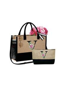 2pcs/Set Women's Beach Tote Bag With Shoulder Strap, Beach Hat And Cosmetic Bag, Personalized Letter A-Z Beach Accessory Bag With Side Pocket, Ideal Gift For Women, Mothers, Teachers, Friends, Bridesmaids, Students, Suitable For Beach Vacation, Outdoor Wedding, Birthday, Holiday, Large Capacity For Weekend Getaway - Multicolor - View 32