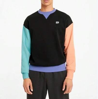 Puma Crew Neck Pullover Sweatshirt With Contrast Color Panel, Breathable Athleisure Sports