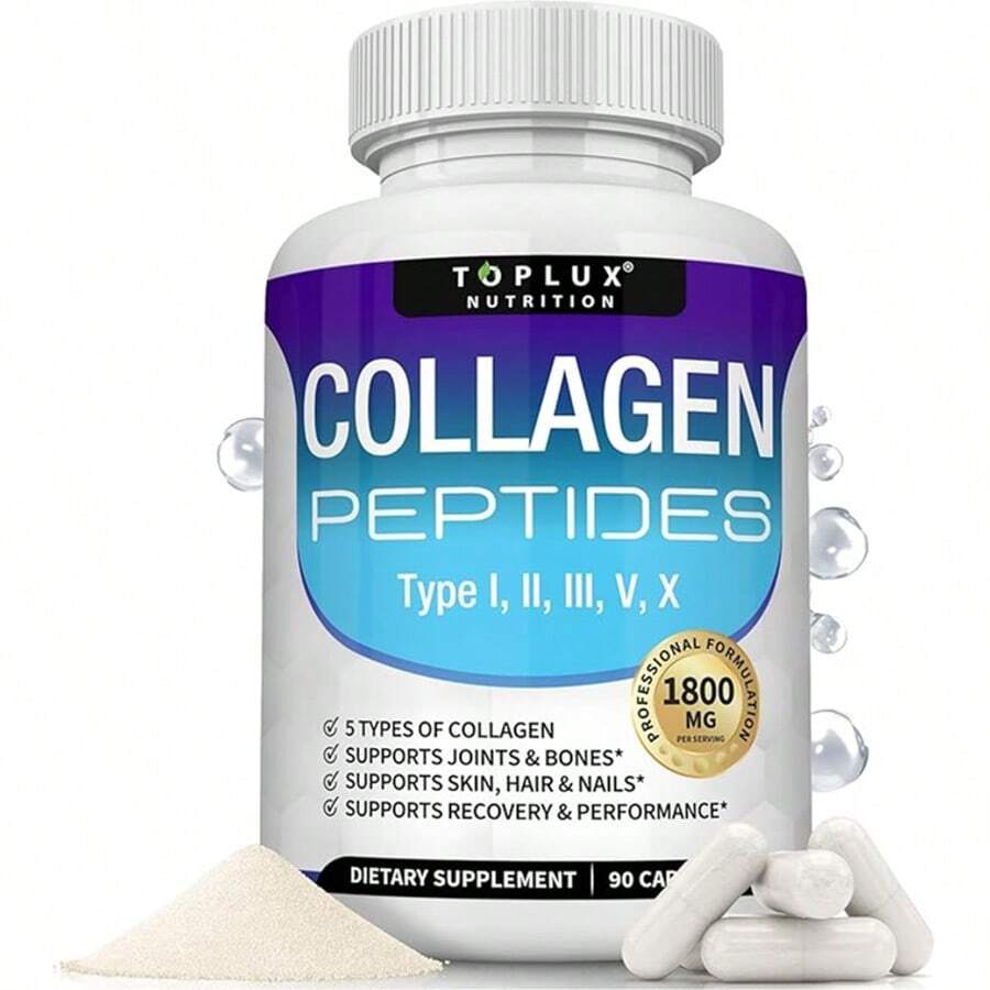 Toplux Multi Collagen Peptides Pills 1800 Mg Complex - Type I, II, III, V, X Premium Collagen Complex For Better Skin & Hair, Strong Joint, Hydrolyzed Protein, For Men Women, 90 Capsules, Supplement - 藍紫色1 - 查看 1