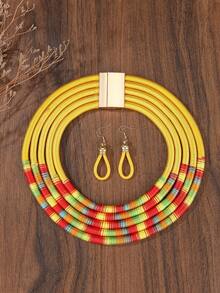 Handmade Multilayer Beaded Woven Exaggerated Bohemian European & American Style Chain Statement Necklace And Earrings Set With Zinc Alloy Magnetic Clasps, For Party/Holiday