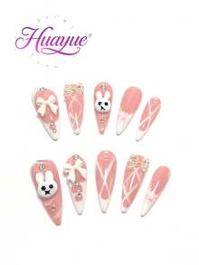 10 Pieces Made By Hand, 3.3 Cm Square Wearable Nail Art, Beach Essentials, Nail Patch, Press-On Nails, Nails, Supplies, Summer Nails, Press-On Acrylic Nails, Long Nails, Rabbit, Dragonfly, Bow, Rhinestone, Three-Dimensional Design, French Style Handmade Press On Nails - Multicolor - View 1