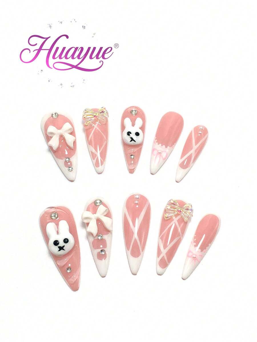 10 Pieces Made By Hand, 3.3 Cm Square Wearable Nail Art, Beach Essentials, Nail Patch, Press-On Nails, Nails, Supplies, Summer Nails, Press-On Acrylic Nails, Long Nails, Rabbit, Dragonfly, Bow, Rhinestone, Three-Dimensional Design, French Style Handmade Press On Nails - Multicolor - View 1