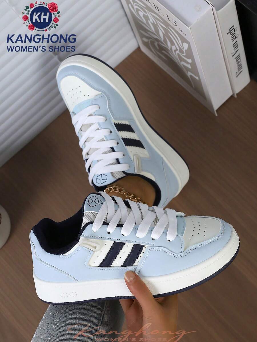 1 Pair Women's Non-Slip, Durable, Lightweight, Fashionable Casual White Sneakers, Outdoor Lace-Up Patchwork Flat Shoes For Indoor & Outdoor Wear