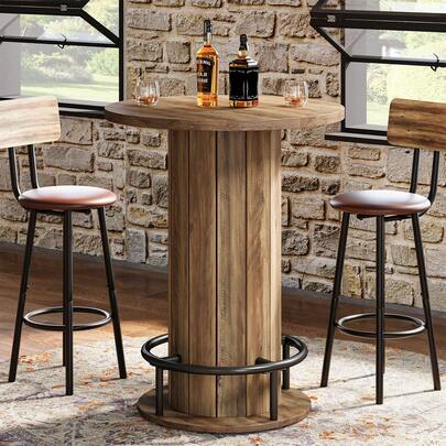 Tribesigns Tavolo da bar rotondo, alto 100 cm, tavolo da bistrot in legno con poggiapiedi ad anello in metallo per sala da pranzo, caffè, cocktail, marrone (solo tavolo)