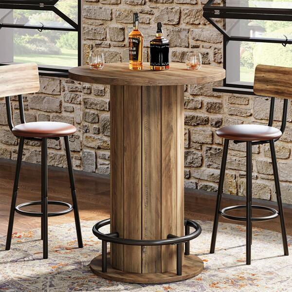 Tribesigns Table de bar ronde, hauteur 100 cm, table de bistrot en bois avec repose-pieds en anneau métallique pour salle à manger, café, cocktail, marron (table seule)