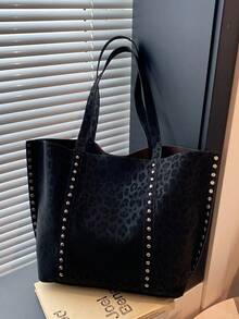 Geantă de umăr din piele PU cu imprimeu leopard pentru femei, nouă la modă, cu capacitate mare, decor cu nituri, stil vintage elegant, potrivită pentru întâlniri, cumpărături, naveta, versatilă - Negru - Vizualizare 4