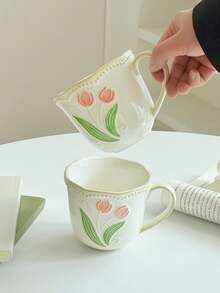 1 pieza Taza de café con diseño de tulipán en relieve y acabado de esmalte craquelado vintage, taza de cerámica de alta calidad para arte de latte, elegante taza para el té de la tarde, taza para desayuno y leche. Adecuada para restaurante, sala de estar, regalo de cumpleaños, regalo para ella, regalo para la mejor amiga