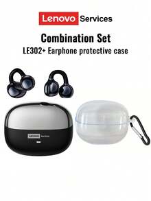 Lenovo LE302 Bluetooth Earphones With Transparent Protective Case, Earhook Style Open-Ear Surround Sound, High-Quality Audio, Low Latency, Music, Gaming, Directional Audio, ENC Noise Cancellation, Clear Calls, Wireless Earbuds For Running