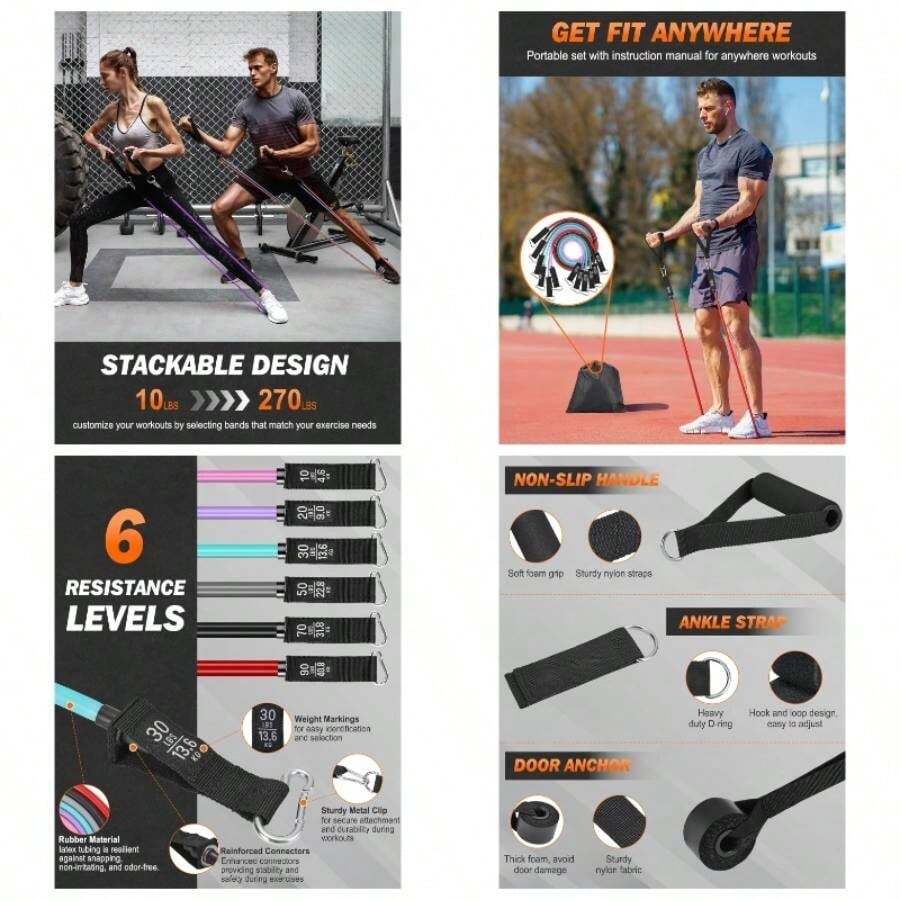 6Pcs Ligas de Resistencia para Ejercicio - 270lbs Bandas de Resistencia para Pull Up con Asas, Tubulares Bandas Elsticas con Ancla de Puerta, Correas de Tobillo, Bolsa y Pster - Multicolor (rojo/negro/plata/azul/morado/rosa) - Ver 1