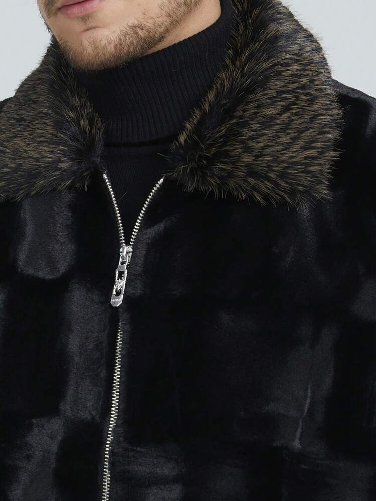 Men's Long Sleeve Faux Fur Jumpsuit Jacket, Warm For Outdoor Casual Wear In Autumn & Winter - Black - View 6