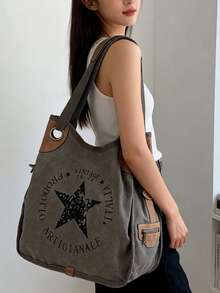 Túi xách nữ cỡ lớn in hình ngôi sao cổ điển, có khóa kéo, màu xanh ô liu/đen/xám/kaki, kiểu dáng cổ điển retro, có thể đeo vai hoặc đeo chéo, giặt máy được, nhiều ngăn, in chữ, trang trí họa tiết, thời trang đa năng, lý tưởng cho đi làm, mua sắm, du lịch, dự tiệc, hẹn hò và các dịp năm mới. - Nhiều màu - Xem 10
