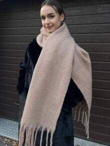 1PC Solid Color Thick Scarf For Winter Warmth Collar, Thick Wool Knitted Thick Tassel Scarf For Both Men And Women, Couple Style Gift For Friends And Family For Dress - 09-beige - View 6