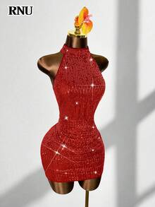 RNU Đầm ôm sát gợi cảm, hở lưng, co giãn, đính sequin nhiều màu sắc, thích hợp cho hẹn hò, tiệc hóa trang, hộp đêm, dạo phố, ngày Valentine, sinh nhật năm mới, mùa xuân/hè/thu/đông. - Đỏ - Xem 4