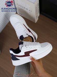 New Women Casual Anti-Slip Lightweight Fashion Casual White Sneakers, Lace-Up Patchwork Outdoor Casual Shoes