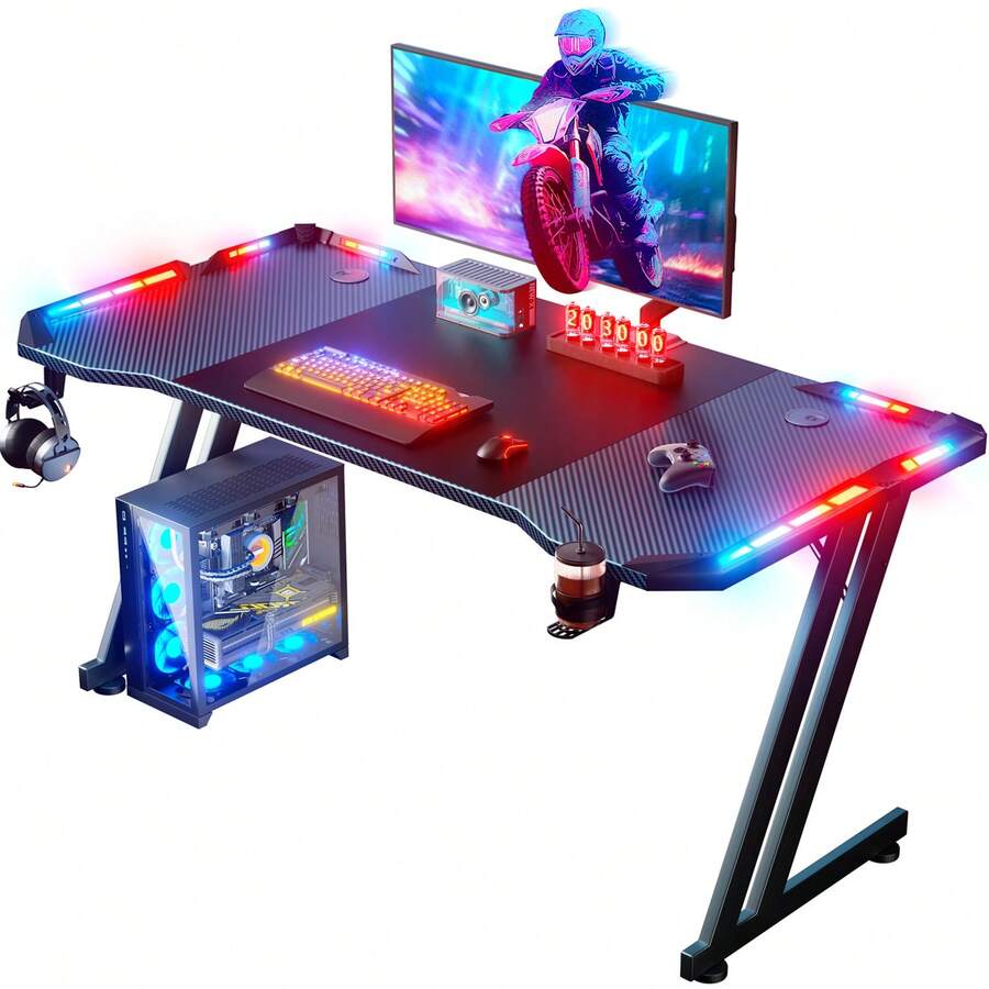 HLDIRECT Gaming Desk With LED Lights Carbon Fibre Surface Gaming Table Large Computer Desk Ergonomic Home Office Desks Z Shaped PC Gamer Workstations With Cup Holder & Headphone Hook