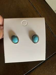 1 对波西米亚复古绿松石几何矩形吊坠耳环和椭圆形耳钉 - 藍色 - 查看 6