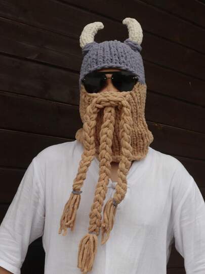‌Viking Crochet Horned Hat With Braided Beard & Face Cover, Knitted Winter Warmth, Festival Costume Accessory‌