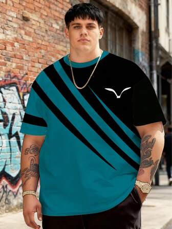 Camiseta deportiva casual de cuello redondo para hombres de talla grande, de tela de punto de poliéster cómoda y transpirable, versátil para uso diario casual y deportivo, serie a rayas con estampado de color contrastante y patrón de animales, tops novedosos