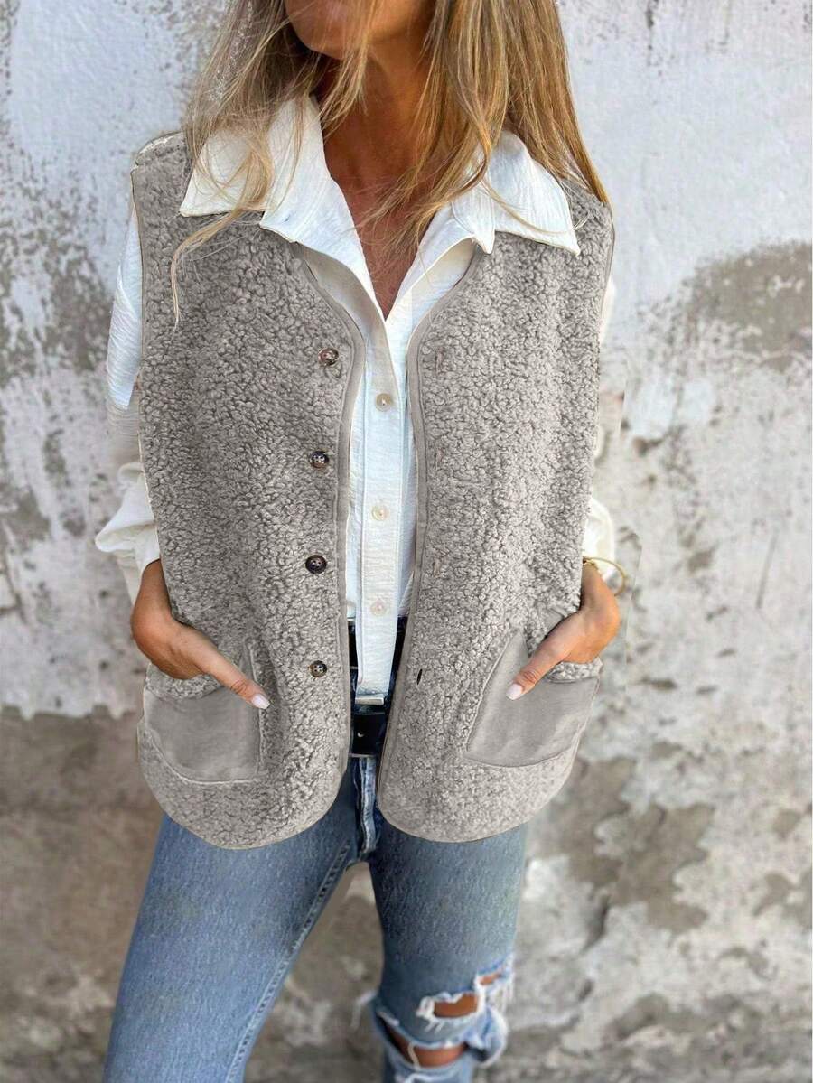 休闲时尚秋冬夹克，采用仿羊毛、纽扣口袋和保暖背心设计