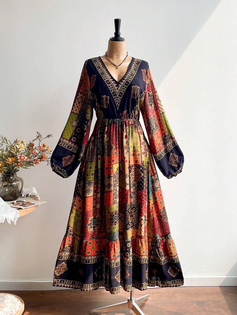 Rusttydustty Đầm tay phồng kiểu Bohemian phối họa tiết chắp vá, cỡ lớn dành cho nữ, thích hợp dự tiệc trà, kiểu dáng thanh lịch mùa xuân. - Đỏ - Xem 1