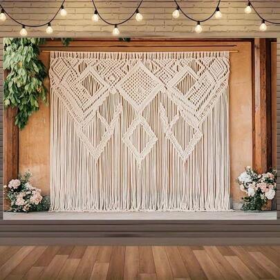 1件装2D平面编织波西米亚风流苏背景布，饰以优雅花卉图案，配木质底座 - 耐用涤纶材质，适用于婚礼、生日、户外庆典、节日 - 提供多种尺寸，波西米亚风格婚礼装饰、圣诞派对装饰，精美图案设计