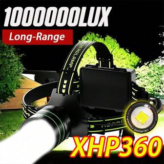XHP360 强光 LED 头灯 高功率聚光灯 远射 LED 头灯 Type-C USB 可充电 挥手感应式头灯 露营用