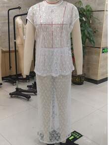 Women's 2 Piece Skirt Outfits Cap Sleeve Sheer Sequins Flower Tops Long Skirt Set - trắng - Xem 3