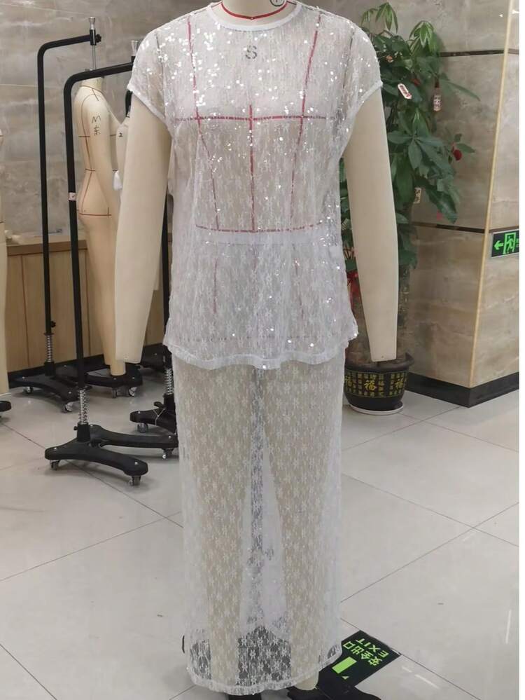 Women's 2 Piece Skirt Outfits Cap Sleeve Sheer Sequins Flower Tops Long Skirt Set - trắng - Xem 3
