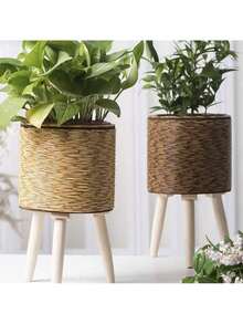Handcrafted Rattan Weave Planter Basket, Woven Flower Pot Woven Grass Flower Basket , A Round Flower Pot With A Tripod, A Circular Indoor Planter, Balcony Decoration, Suitable For Both Indoor And Outdoor Use - 棕色 - 查看 3