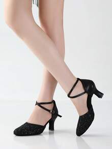 Damen Schwarze Ballroom Tanzschuhe 7cm Latein Tanzabsätze mit Mesh-Obermaterial, Knöchelriemen geschlossene Zehenpartie, weiche Sohle Tanzschuh für Training Aufführung Tango Salsa ChaCha Flamenco - Schwarz - Übersicht 3