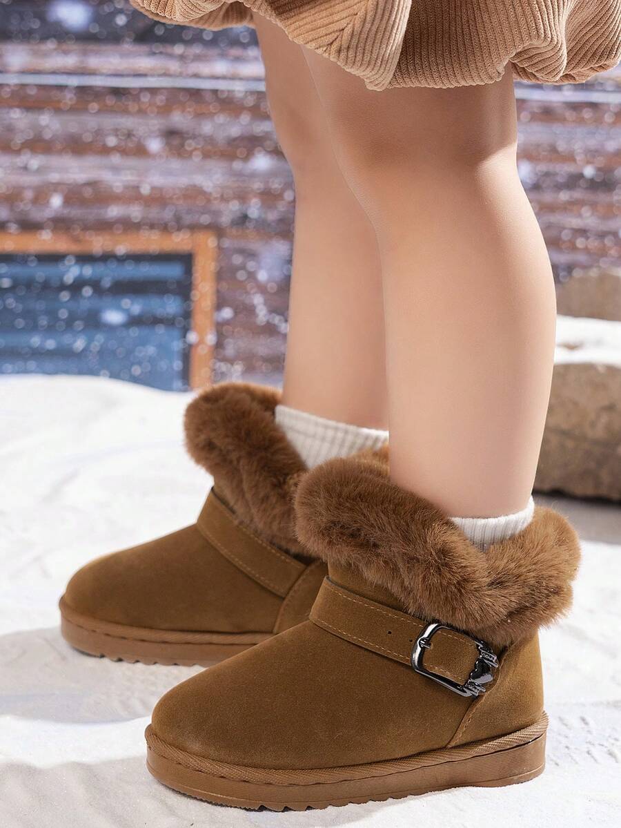 1 双儿童畅销雪地靴,时尚百搭软底防滑纯色毛绒内衬靴子,适合小男孩和小女孩 - 棕色 - 查看 1