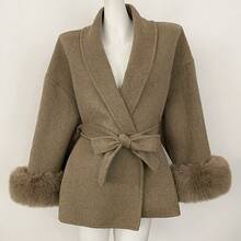 OFTBUY Solid Color Wool & Faux Fur Patchwork Belted Loose Fit Casual Jacket, Suitable For Daily, Airport, Holiday, Travel In Autumn/Winter