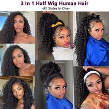 ZHENDEFA 3-In-1 Reversible Jerry Curl Wig, Real Human Hair, Seamless Flip-Over Wig With Adjustable Drawstring, Suitable For Beginners, Wet Wave Headband Wig, Women