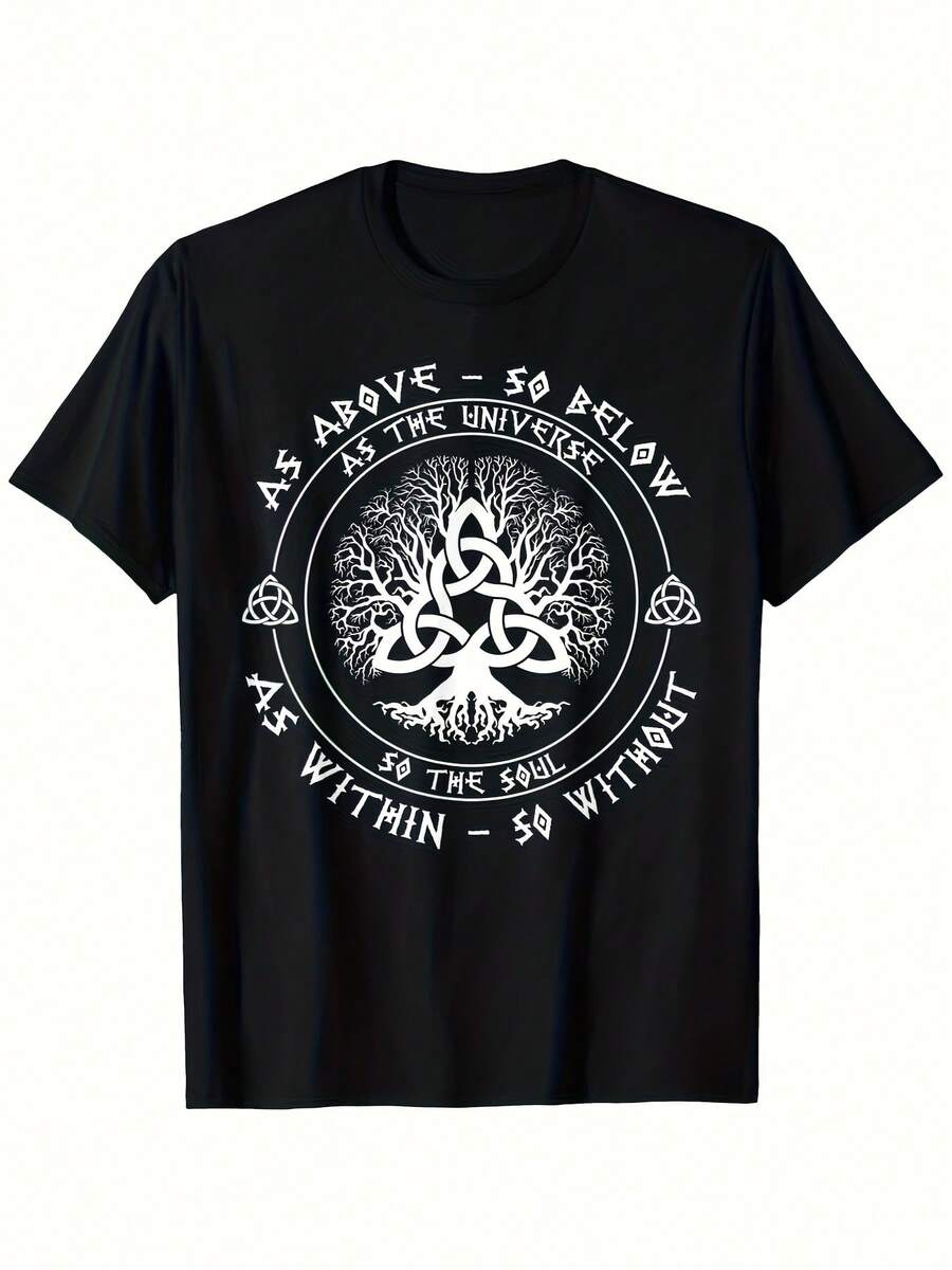 Men's Celtic Tree Of Life Spiritual Yoga T-Shirt - Black With Green Celtic Knot Ascension Design - Philosophical "Above The Universe Below In The Soul Within" Text - Lightweight Summer Yoga & Casual Shirt - Machine Washable Regular Fit Tee, Yoga Shirt, Meditative Apparel, Artistic Graphic Tee, Digital Print Top - 黑色 - 查看 1