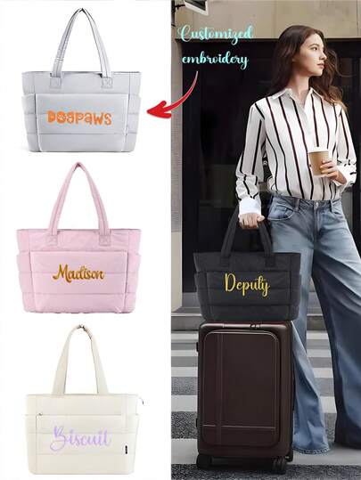 2025 New Embroidered Custom Down Bag, Large Capacity Fashion Handbag Tote, Commuter Shoulder Padded Coat Bag Gym Bag Laptop Bag, Suitable For Work, Shopping, Sports, Vacation, As Birthday Gift, Holiday Gift For Family, Mother, Spouse, Sister, Friends, Girlfriend