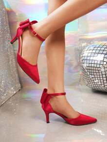 Burgundy Satin Bow Pointed Toe Ankle Strap High Heel Shoes For Women, Spring/Autumn - Burgundy - View 9
