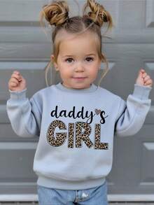 1pc Valentine's Day Girls Casual "DADDY'S GIRL" Print Crew Neck Sweatshirt, Autumn/Winter Student Young Children Long Sleeve Top - Leopard Print Fashionable And Cool, Suitable For Young Trendsetters - Grey - View 7