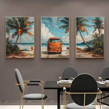 3 PiecesModern Beach Scene Triptych Wall Art Prints - Frameless Palm Tree And Vintage Van Canvas Poster Set For Living Room, Bedroom, Dining Area And Restaurant Decor With Coastal Vibes And Relaxing Ambiance - 3pcs - View 7
