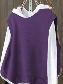 大码休闲纯色圆领针织毛衣背心