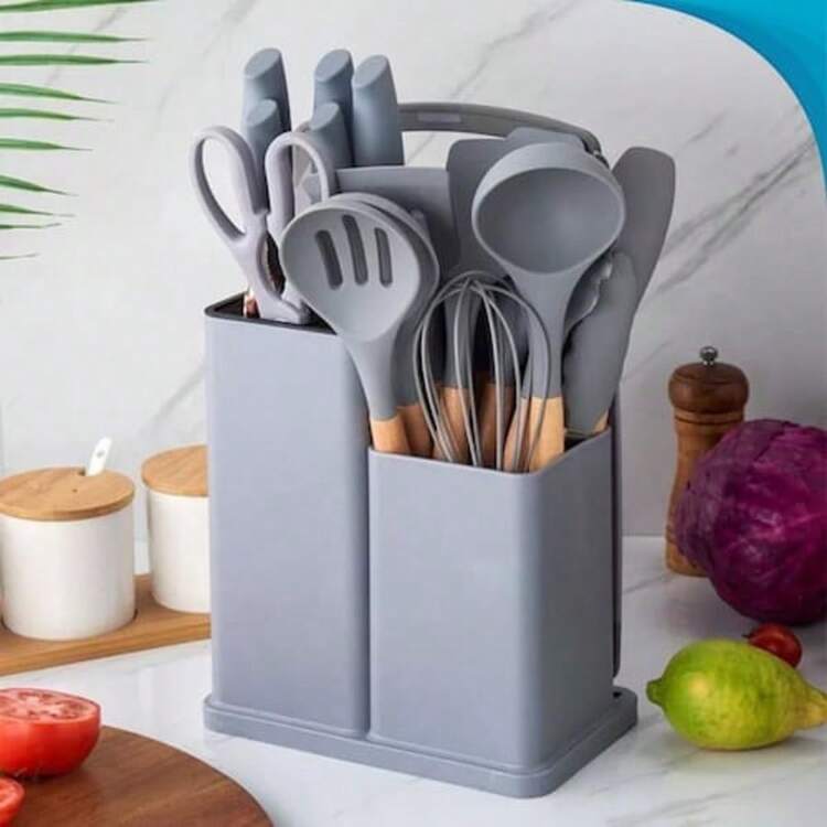 19-Piece Silicone Kitchen Utensil Set With Heat-Resistant Wooden Handles - Premium Non-Stick Utensil Set - 灰色 - 查看 1