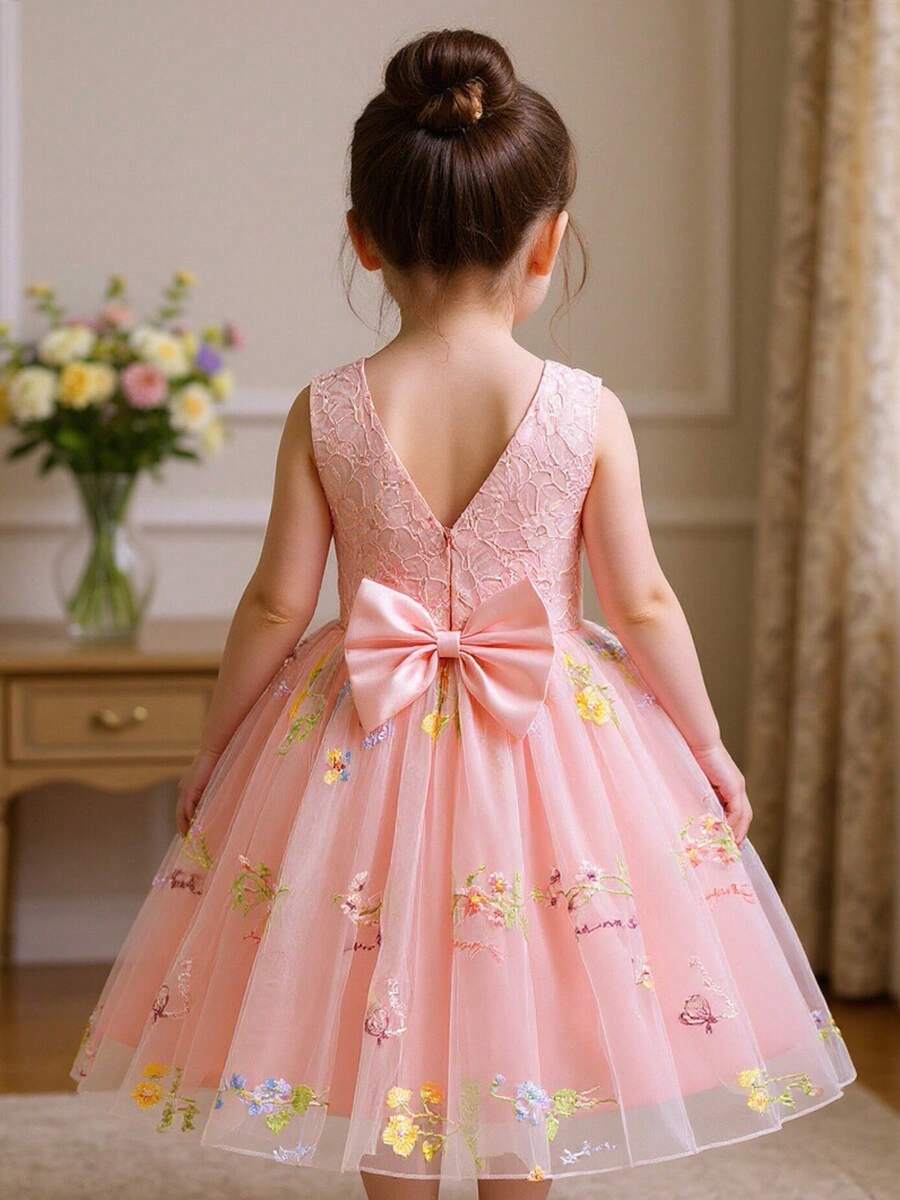 Young Girl Floral Embroidered Tulle Bowknot Fairy Little Princess Dress Garden Flower Girls Party Wedding Birthday Dresses - 粉色 - 查看 1