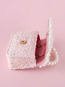 1pc Children's Pearl Flower Letter Alloy Sticker Decor Beaded Lace PU Felt Material Flap Closure Metal Chain Cute Beaded Handbag, Girls Sweet Princess Crossbody Bag, Snack & Coin Purse, Suitable For Christmas And Daily Use