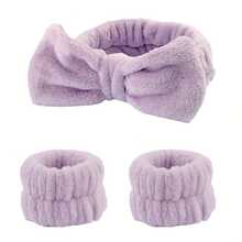 3PCS Solid Color Bath Headbands & 2PCS Wrist Bands - Creative Polyester Bath & Facial Makeup Set, Ideal For Home Bathroom Decor | Back To School, Fall, Christmas - Màu tím - Xem 8