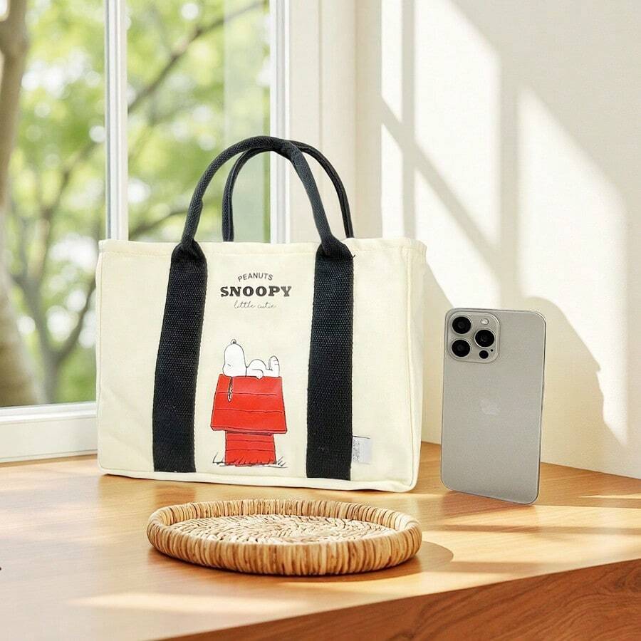 Miniso 1pc Snoopy Cartoon Pattern Canvas Tote Bag, Large Capacity Handbag, Travel Storage Bag, Reusable, Non-Deformable Shopping Bag (Beige)