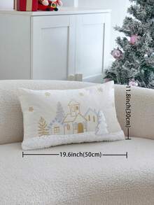 1 pieza Funda de cojín bordada con árbol de Navidad y casa en dorado y plateado, adecuada para decoración interior, funda de cojín decorativa navideña, sin incluir el relleno del cojín