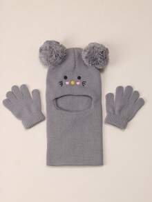 1 Set Balaclava+Gloves 1-5Y Cat Pom-Pom Black Balaclava Toddler Beanie Double Balls Baby Girls Boys Beanies Kids Winter Hats Children Knit Warm