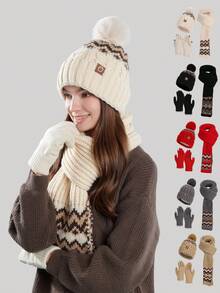 3pcs/2pcs Women Jacquard Hat, Scarf And Gloves Set, Thick Knitted Warm Winter Hat, Neck Warmer Scarf, Christmas Gift For Women, Autumn/Winter Skiing, Cycling, Hiking, Mountaineering Accessories, Christmas Present Valentines Gift - Multicolor - View 1