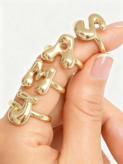 可爱泡泡26字母戒指，女士气球镀金锆石A-Z字母开口可调节戒指，优雅婚礼珠宝礼物